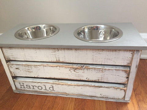 White Distressed Dog Feeder with Storage