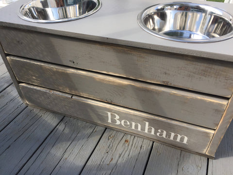 Medium/Large Gray Distressed Dog Feeder with Storage