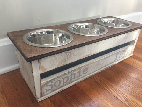 Small Three Bowl Dog Feeder with Storage